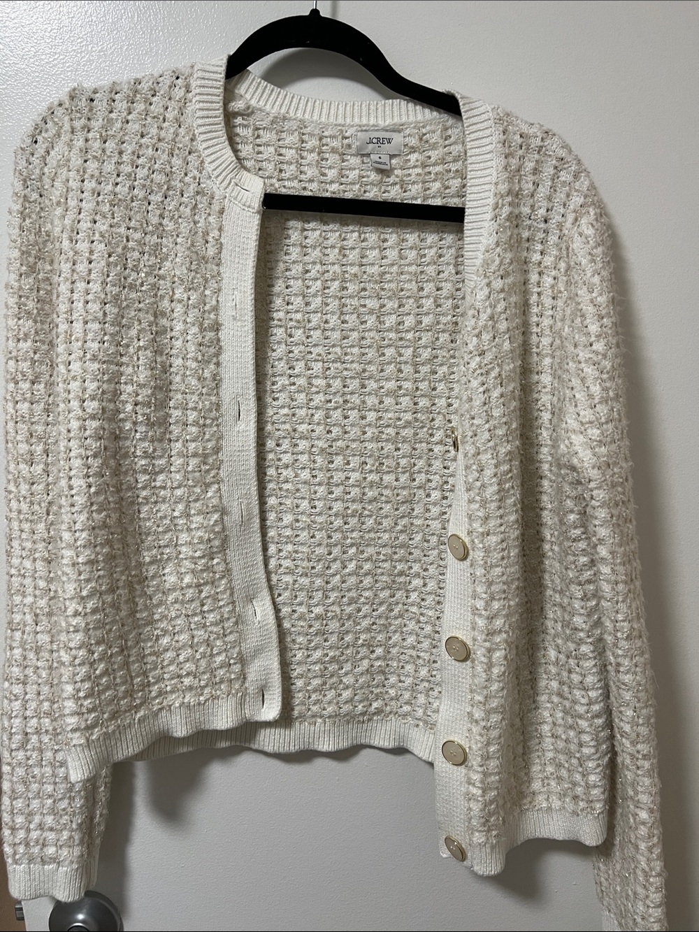 J. Crew Cream Waffle-Knit Button Cardigan